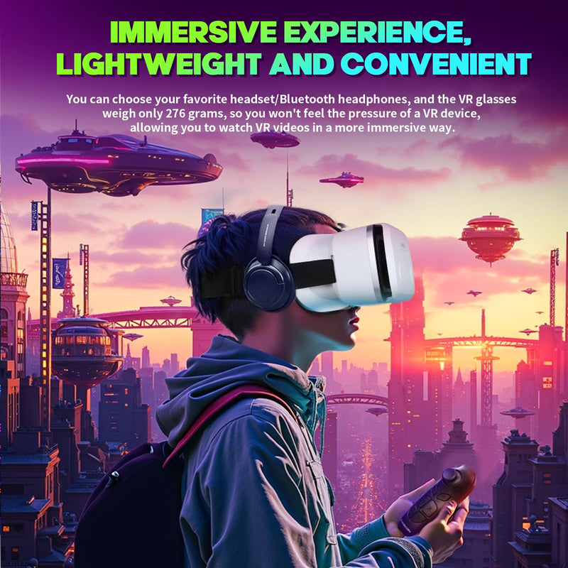 VR Headset for Smartphones with Bluetooth Controller, HD Aspheric Lenses with Adjustable Focus & IPD, Universal Compatible with 4.7-7 Inch Phones, Heat Dissipation Design for Extended Comfort