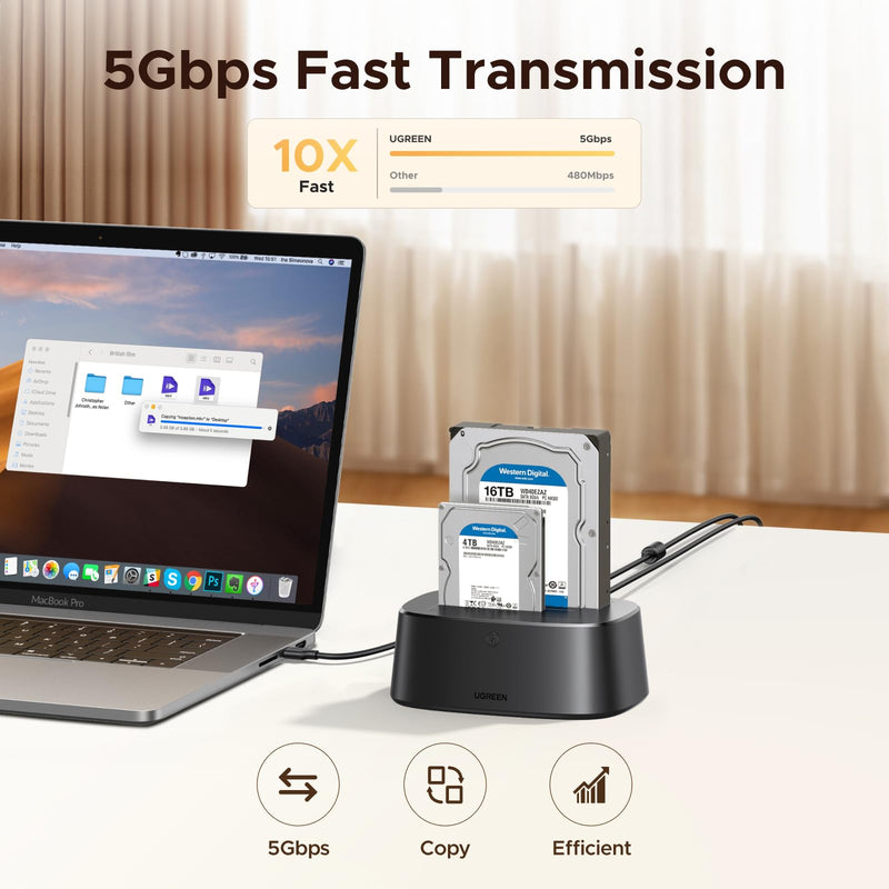 UGREEN Dual-Bay Hard Drive Docking Station for 2.5 & 3.5 SSD HDD Up to 48TB | USB C 3.0 to SATA I/II/III Hard Drive Enclosure Reader with Offline Clone and Duplicator Function Tool Free Installation