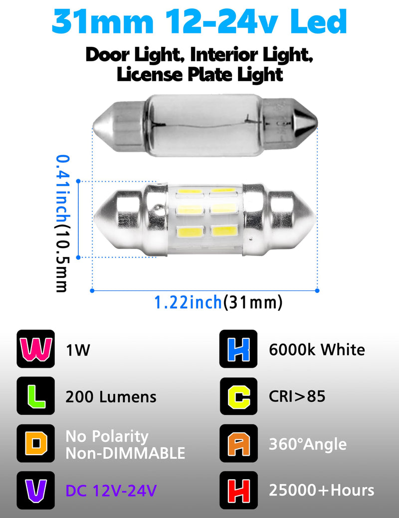 DC12V-24V White 31mm DE3175 LED Festoon Bulbs 1.2in, 200lm Super Bright Dome Light Bulbs, Led Interior Car License Plate Dome Map Door Trunk Lights Replace for 3175 DE3021 3022 3021, Pack of 2
