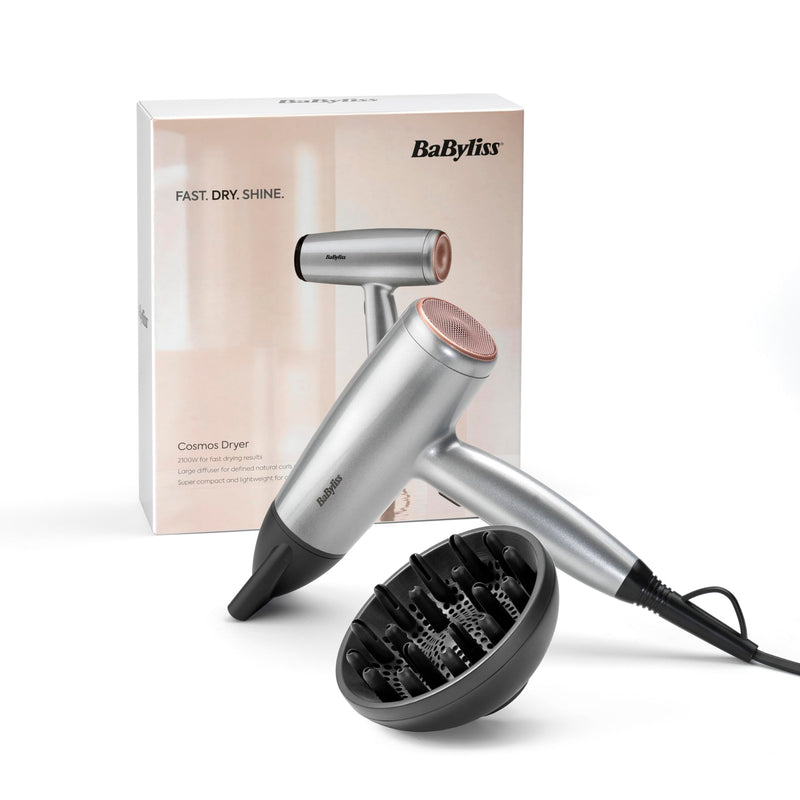 BaByliss Cosmos Compact Lightweight Hair Dryer - 2100W Powerful Sleek Blow Dryer, Diffuser, Ionic Frizz-Free Conditioning, 3 Heat & 2 Speed Settings, Silver, D580DU