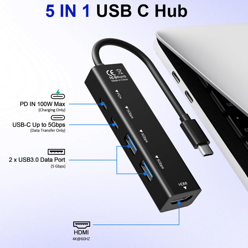 5 in 1 USBC to HDMI Adapter with 4K@60Hz, 100W PD Charging, 5Gbps USB C Hub | hdmi to usbc adapter for MacBook, iPad Pro, iPhone 17/16, Windows, 2 USB-A and 1 USB-C 3.0 Data Ports