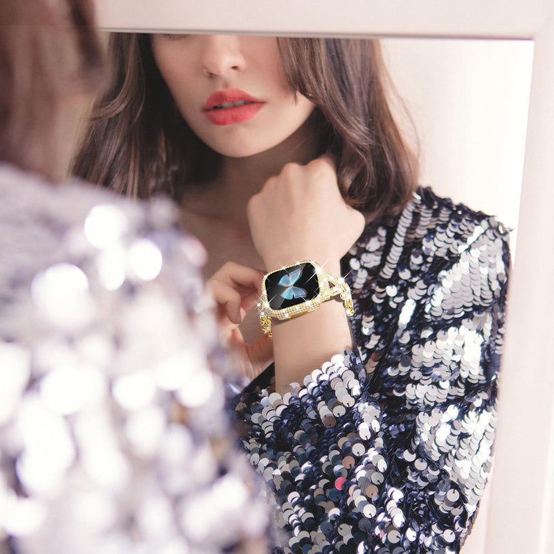 Wingle for Gold Apple Watch Bands 41mm for Women, iWatch Series 8 7 Stainless Steel Metal Band Luxury Diamond Bracelet Rhinestone Crystal Strap with Bling Screen Protector Case Dressy Chain,41 mm Gold