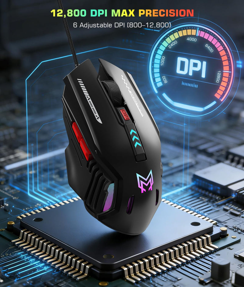 Customizable Wired Gaming Mouse with 6 Levels DPI and 6 Programmable Button | Low-Noise Clicks and RGB Lighting for Gaming, Office Work and Daily Use Black