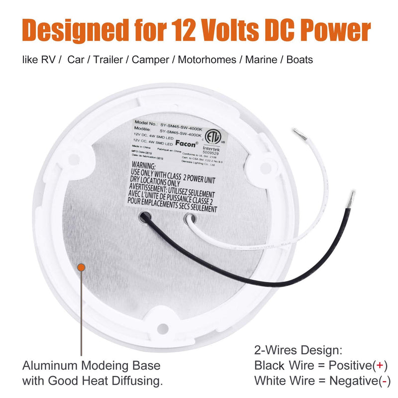 Facon 2-Pack Ultra Slim 4.5'' 12V RV Puck Lights w/Switch, SY-SM45 4000K Cool White LED Interior Lights for RVs, Camper Van, Boats, 12V Dome Light Fixture – cETL Certified Dia: 4.5Inch, 2Packs 4000K Cool White Light