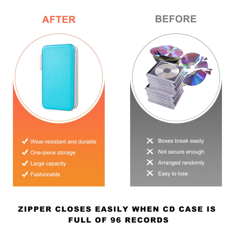 DVD Case for Car, 96 Capacity Portable Hard Plastic CD Storage Holder Zipper DVD Organizer, Universal CD Disc Storage Case Wallet Organizer for Vehicle Home Office (Sky Blue) Sky Blue