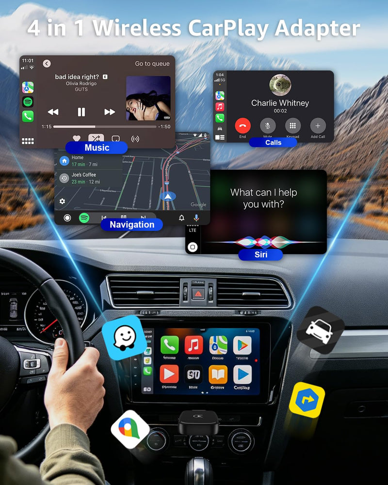 4 in 1 Wireless CarPlay Adapter Car Screen Mirroring Adapter for Apple iPhone& Android, Convert Wired CarPlay to Wireless, Stable Control & No Delay Latency, Plug and Play PureBlack