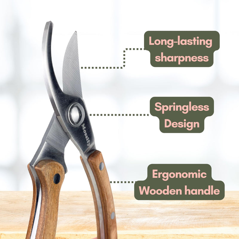 Mossify Garden Shears 8” – Premium Stainless Steel Pruning Shears for Gardening with Wooden Handle – Hand Pruners, Plant Clippers & Garden Scissors – Sharp Garden Tool for Left & Right Hand Use 8"Pruning Garden Shears