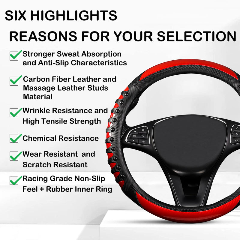 3D Massage Red Carbon Fiber Leather Steering Wheel Cover, 14.5-15 Inch Non-Slip Breathable Microfiber Car Steering Wheel Protector 3D Massage - Sports Red