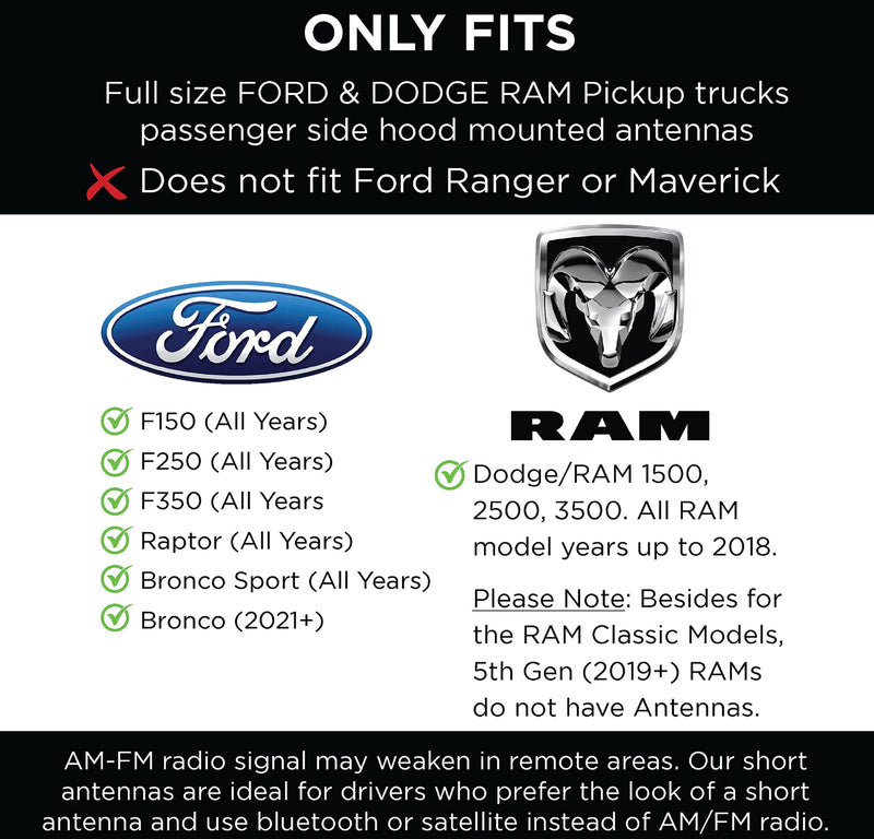 EcoAuto Short Antenna Ford Fits F150 F250 F350 Super Duty, Bronco, Ford Raptor Accessories & Dodge RAM - Anti-Theft Design - Carwash Safe Antenna for Truck 4 Inch Long (Black)