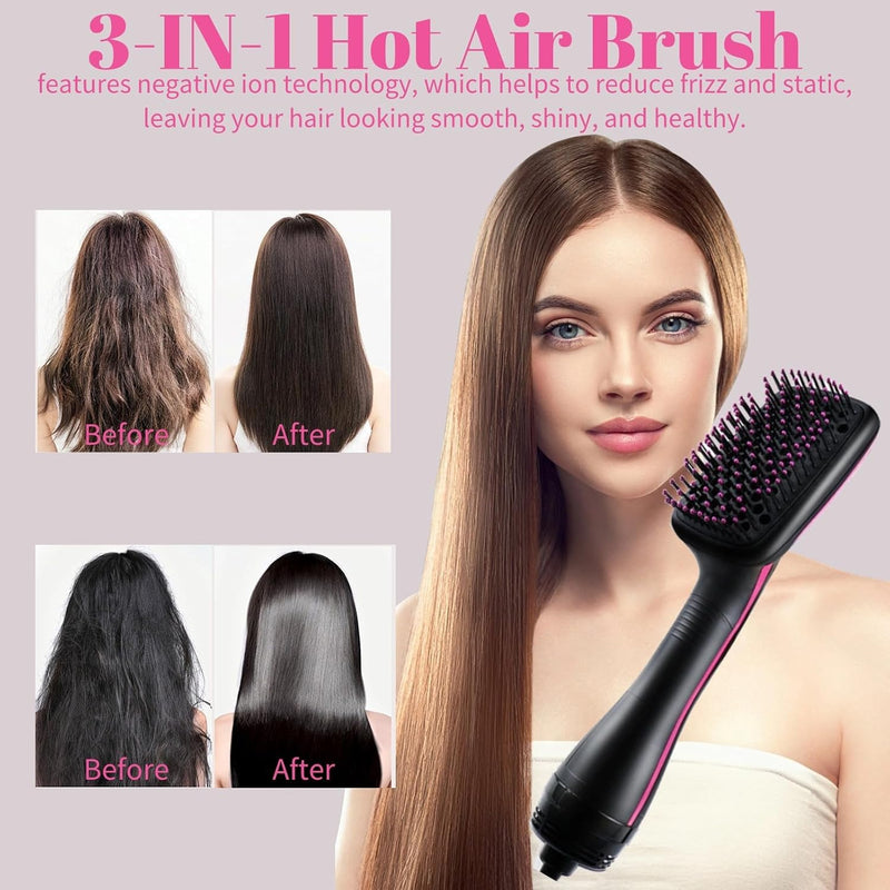 Hair Dryer Brush, 3 in 1 Negative Ion Hair Dryer Hot Air Brush Hair Styling Tool，Straightener Styler Comb Styling Hair for All Hair Types, Can Straighten Blow Dry Smooth Hair (Pink) # Pink
