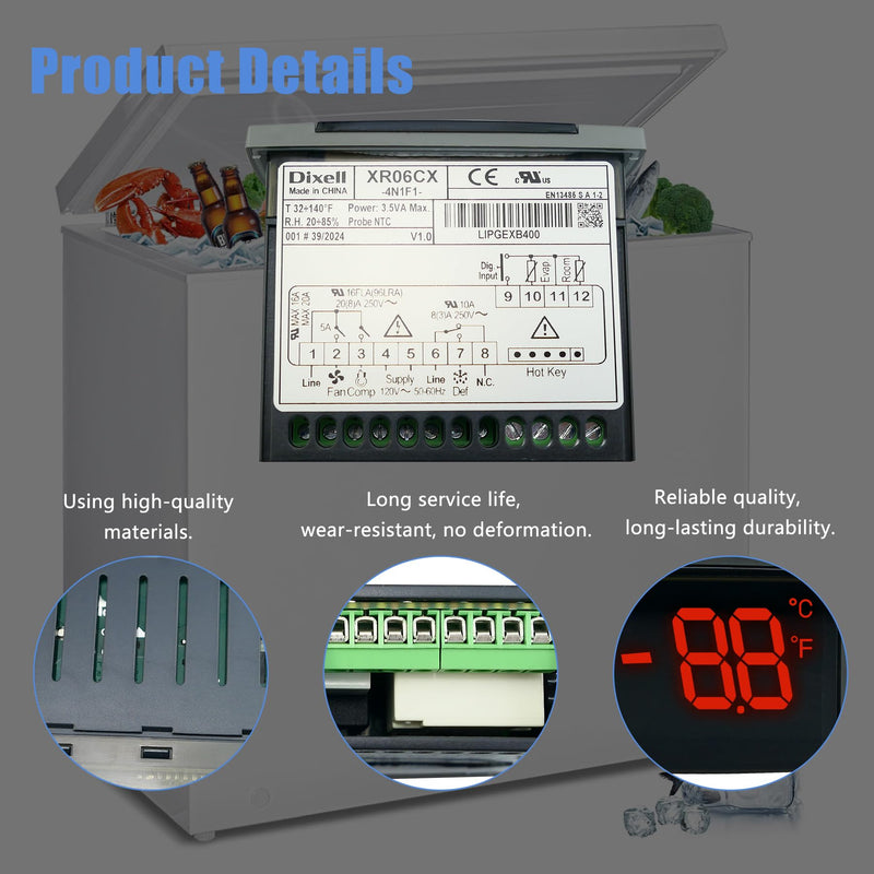 Temperature Controller XR06CX-4N1F1 Fit Commercial Refrigerators/Freezer | 120V 50-60Hz Replace for Dixell Programmable Temperature Controller with Temperature Sensing Probe