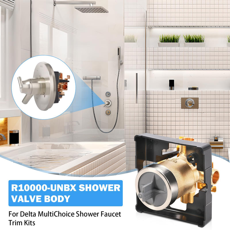 R10000-UNBX MultiChoice Universal Shower Valve Body, Rough-in Tub and Shower Valve Compatible with Delta 13/14, 17, 17T Series Trim Kits, 1/2-Inch Universal Inlets for PEX, Copper, CPVC R10000-UNBX