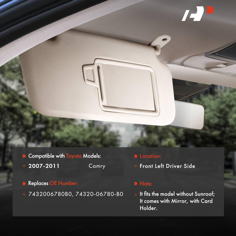 A-Premium Driver Left Side Sun Visor Compatible with Toyota Camry 2007-2011 - Without Vanity Light, with Vanity Mirror, Without Sunroof, Gray Color - Replaces 7432006780B0, 74320-06780-B0 Left Driver Side