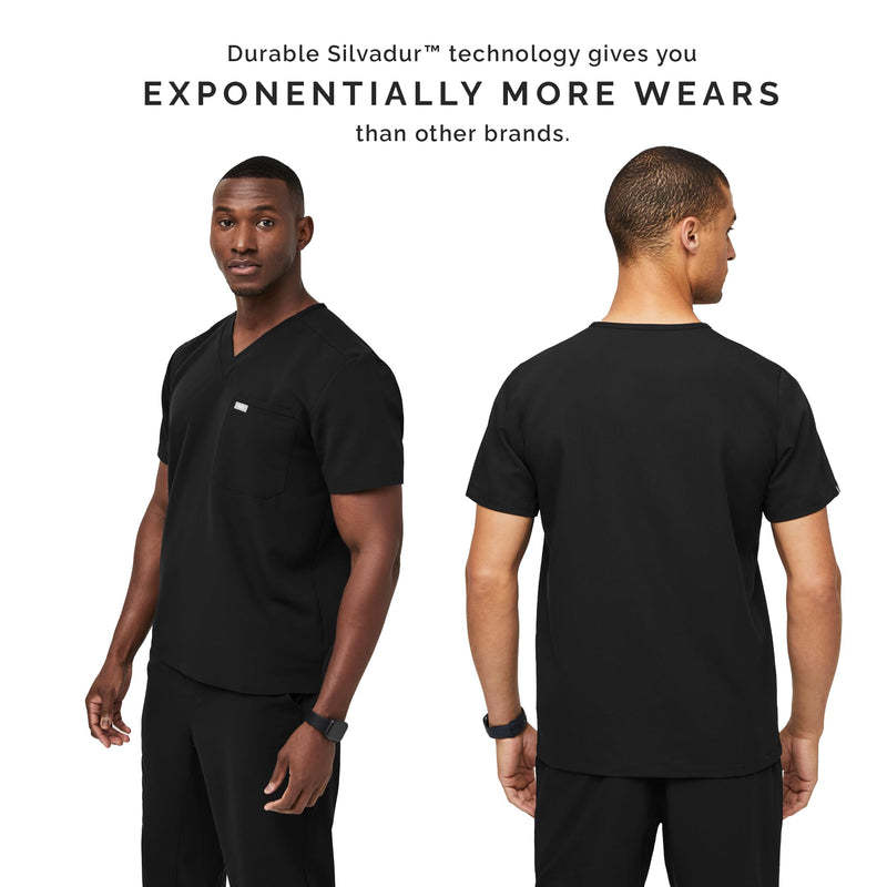 FIGS Leon Scrub Top for Men – 3 Pockets, Tailored Fit, Modern V-Neck, 4-Way Stretch, Moisture-Wicking Medium Black