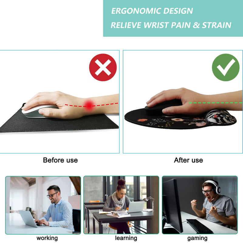 Mouse Pad with Wrist Support, Ergonomic Mouse Pad with Memory Foam Wrist Rest Cushion, Non-slip Rubber Base Gaming Mice Pad for Home Office Computer Laptop, Flower Black U-flower black