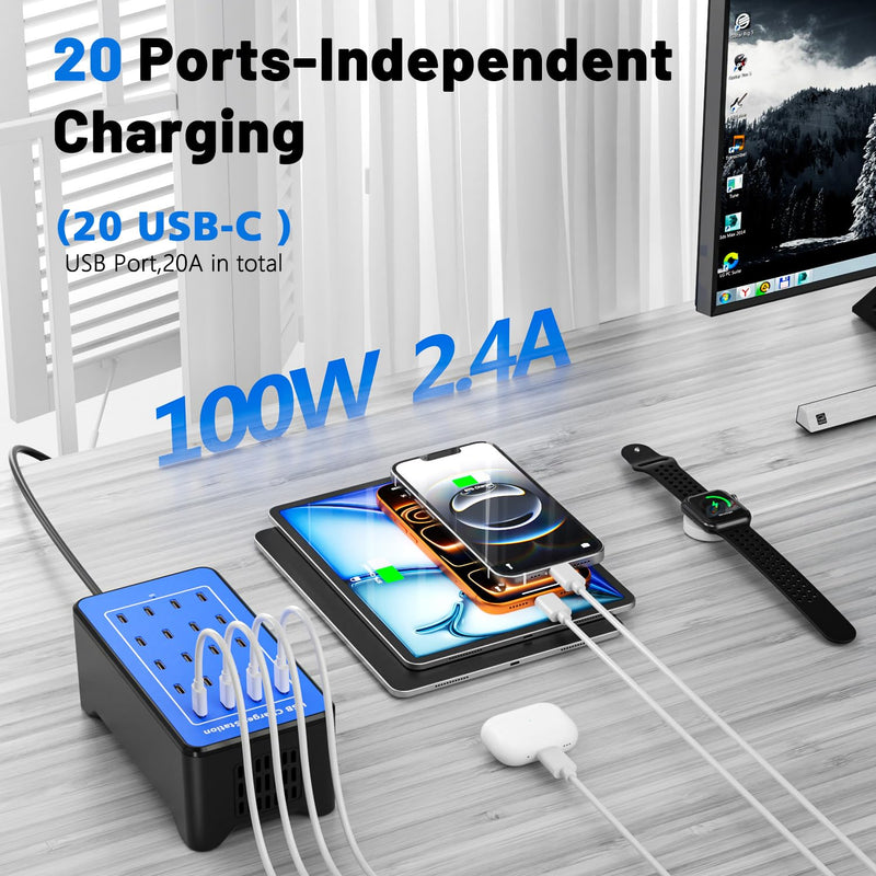 USB C Charging Station, USB C Charger Block for iPhone, Android, Smartphone, Tablet, Samsung, AirPods, and Smart Watch Multiple Devices, 20-Port 100W Multi Port Desktop Charger Blue-20 port