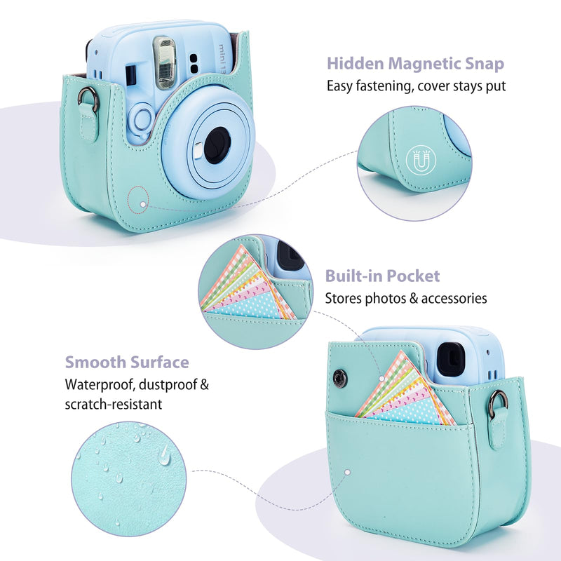 Phetium Mini 13 Camera Case for Fujifilm Instax Mini 13 12 Camera-Green | Mini Camera Protective Case,PU Leather Bag,Photo Storage Pocket,Adjustable Shoulder Strap,Magnetic Flip Lagoon Green
