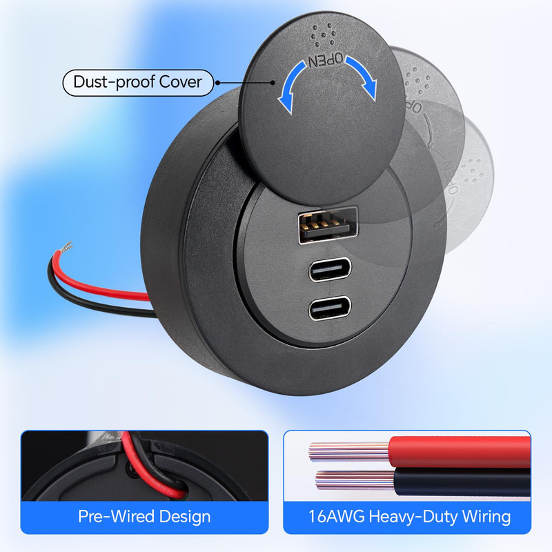 acegoo 72W 3-Port RV USB Outlet, Surface Mount 12V USB Fast Charger Socket | PD3.0+QC3.0, Multi Protection, No-Backlight Design, 360° Rotating Dust Cap, Fits RV Camper Trailer Truck Car Boat, 2Pcs 2 Pcs