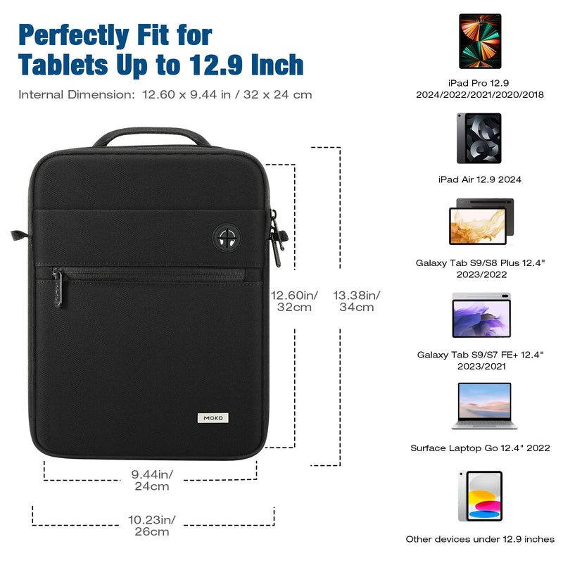 MoKo 12.9 Inch Tablet Bag,360° Protective Carrying Case Fits 13 Inch New iPad Pro M4 & Air M2 2024, iPad Pro 12.9 M2&M1,Galaxy Tab S8+/S9+ 12.4,with Multi-Pockets,Shoulder Strap & Earphone Port,Black Black