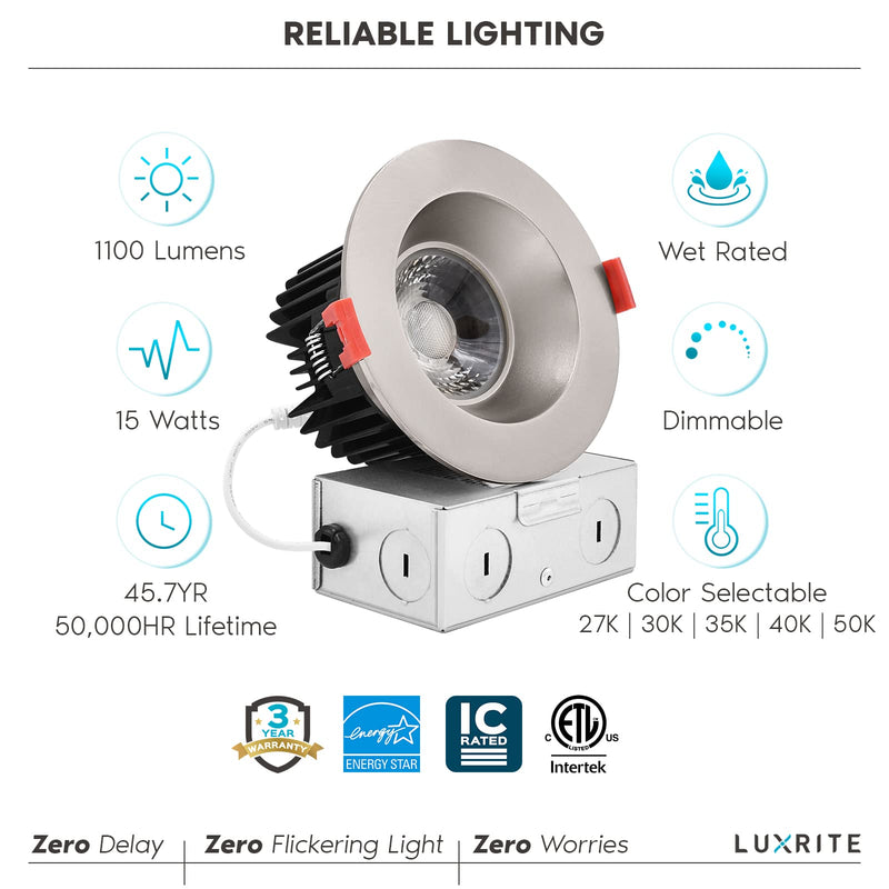 LUXRITE 4 Inch LED Recessed Lighting with Junction Box, 15W, 5 Color Selectable 2700K-5000K, 1100 Lumens, 40° Spotlight, Dimmable Downlight, Wet Rated, IC Rated - Brushed Nickel Round Trim