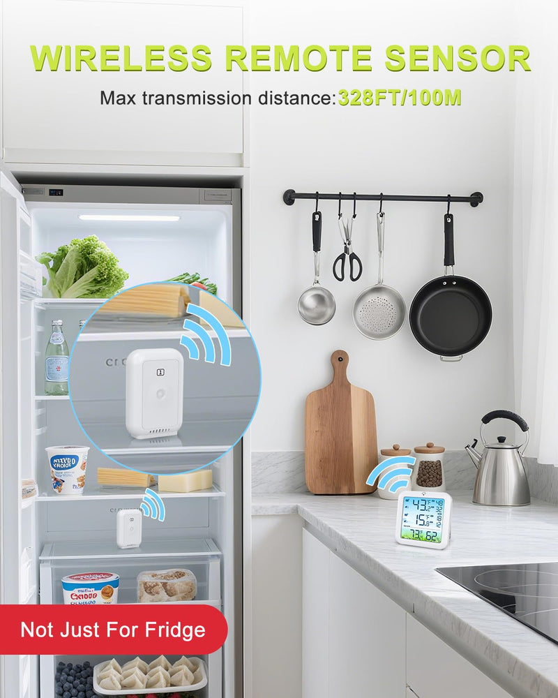 Wireless Fridge and Freezer Thermometer with Alarm, Max/Min Temperature Records Digital Refrigerator Thermometer, 328FT Remote Range, Magnetic & Stand Options for Kitchen Home Restaurant