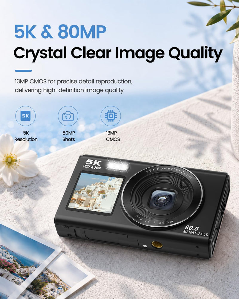 5K Digital Camera for Teens and Beginners, Dual Screen Compact Vlogging Camera with 18X Digital Zoom, Point and Shoot for Travel, 32GB Card and 2 Batteries Black