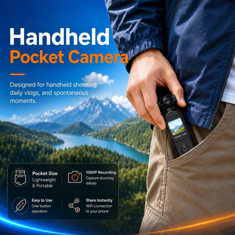 Pocket Camera for Vlogging, 1080P, Touchscreen, 32GB Card | Up to 14 h total with charging grip, face-to-camera/forward views, Wi-Fi, ready-to-use kit for trips, hikes, walks and rides Black H9232G