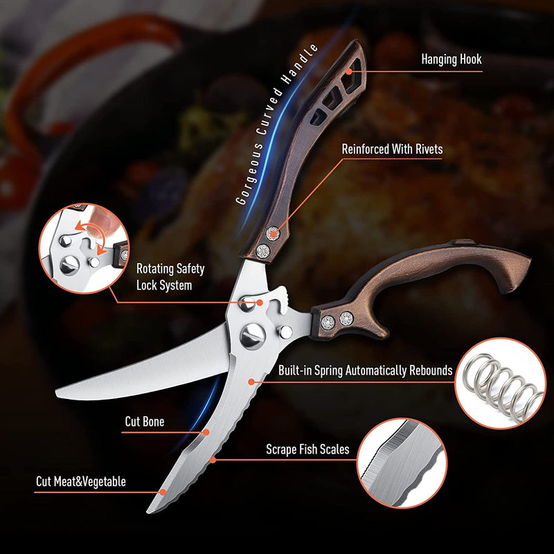 Heavy Duty Poultry Shears with Serrated Edge - For Chicken, Bone, Meat, Turkey, Fish - No Rust, Spring Loaded, Stainless Steel Kitchen Scissors Poultry Shear