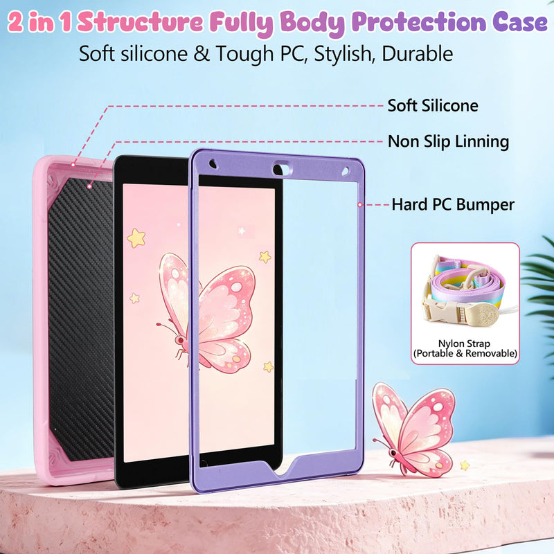 SAMONPOW for iPad 9th/ 8th/ 7th Generation Case iPad 10.2 Inch Kids Case | Full Body Rugged Protective Cover with Cute Bow Stand Shoulder Strap Pencil Holder for Girls iPad Case 9th Gen, Purple Pink for iPad 9th/ 8th/ 7th Gen