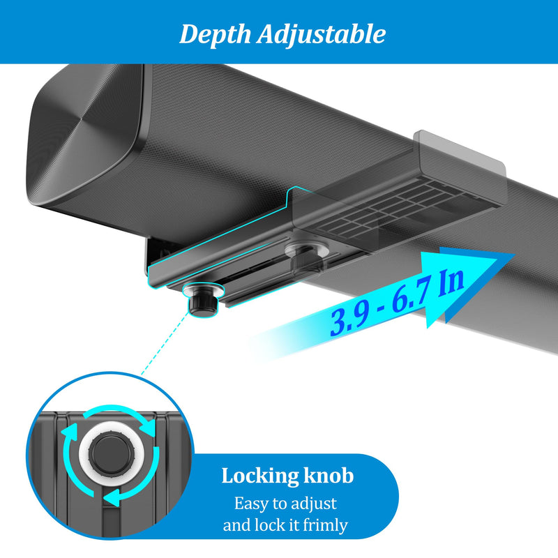 PlusAcc Soundbar Wall Mount, Universal Adjustable Bracket Holder, Black | Holds up to 33 lbs, Sound Bar Mounts Under TV, Depth Adjustable 3.9”–6.7”, Heavy-Duty Home Theater Shelf