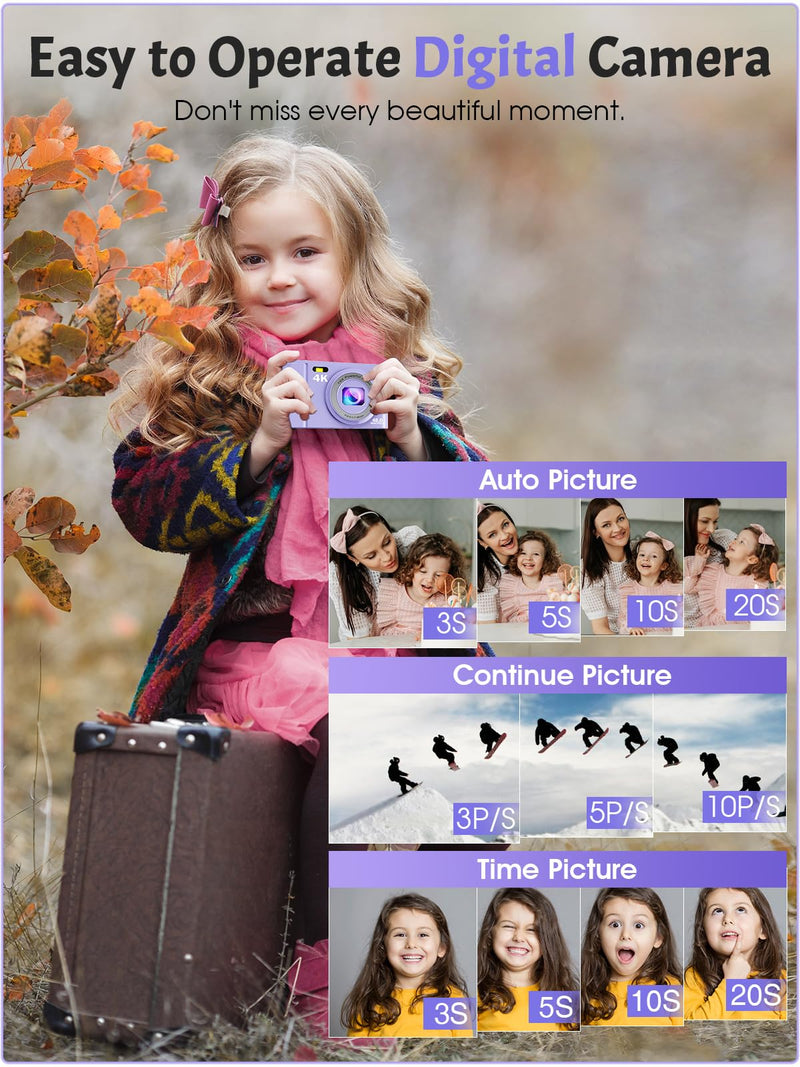 48MP 4K Kids Camera - Compact Point & Shoot with 2.8" LCD, 16X Zoom, 32GB SD Card Purple