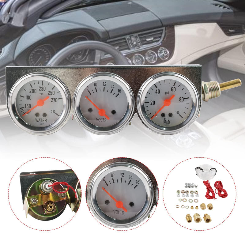 Triple Gauge Kit Oil/Volt/Water Gauge,2"/52mm Chrome Panel 3in1 Car Meter Oil Pressure Fahrenheit Water Temp Ammeter Triple Gauge Kit
