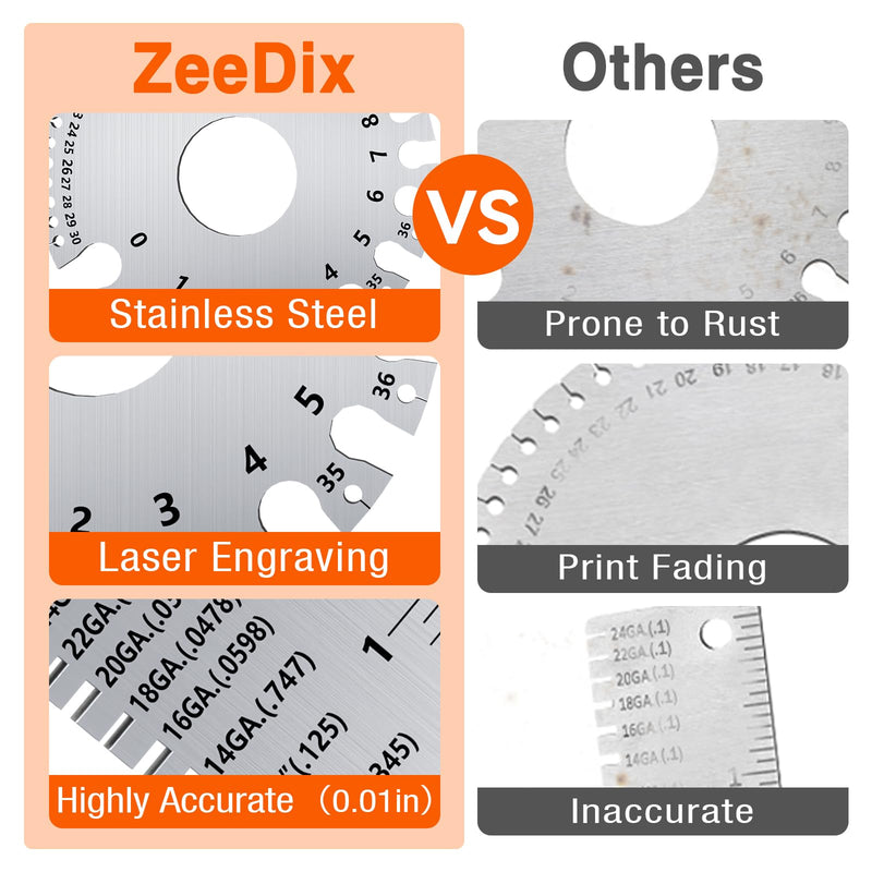 ZeeDix 4 Pcs Stainless Steel Metal Sheets Welding Thickness Gauge- Wire Gauge Measurement Tool, Standard Dual-Sided Round Wire Cable Sheet Gage and Wire Welding Material Thickness Gauge Measuring combination-4