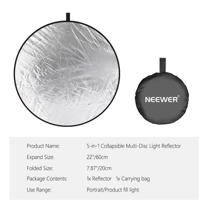 NEEWER 22 Inch/60 Centimeter Light Reflector Light Diffuser 5 in 1 Collapsible Multi Disc with Bag - Translucent, Silver, Gold, White, and Black for Studio Photography Lighting and Outdoor Lighting 60cm
