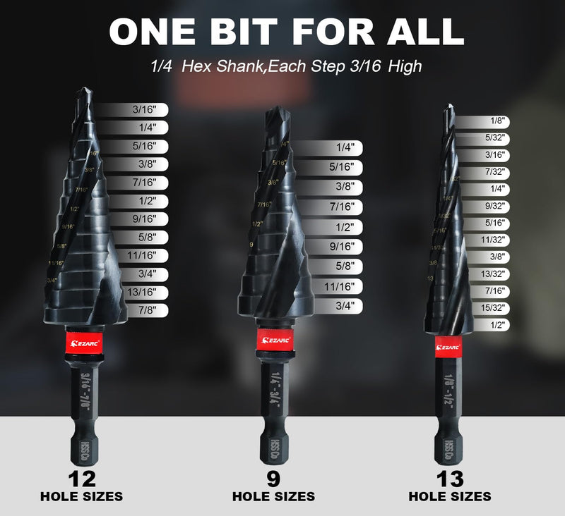 EZARC Step Drill Bit for Metal, M35 Cobalt Unibit Step Drill Bit Set 1/8"-7/8"(3pcs) Wear-Resistant AlTiN Coated, 1/4" Hex Shank for Metal, Stainless Steel, Aluminum, Plastic 1/8" - 7/8" (3pcs Set)