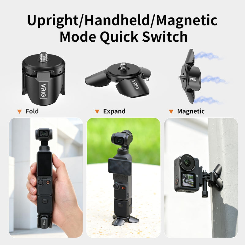 VRIG Magnetic Mini Tripod for DJI OSMO Pocket 4P/4/3 & Insta360 Luna Ultra | Auto-Deploy Aluminum Small Desktop Camera Stand with 1/4" Screw for Insta360 X5/X4,Travel Vlog Action Camera Accessories