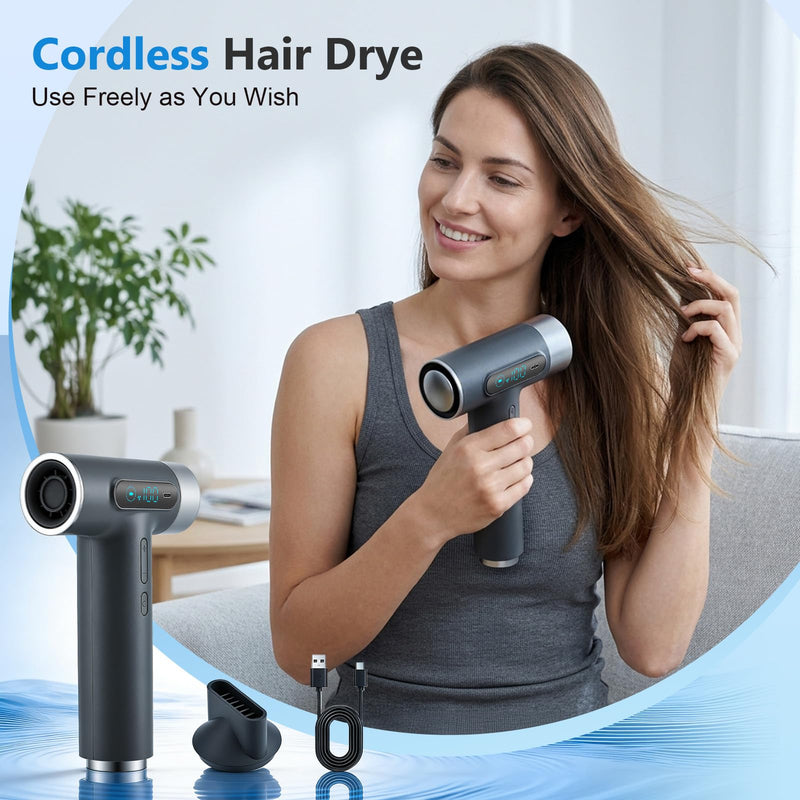 Hair Dryer Cordless, 300W Fast Drying Blow Dryer with Digital Screen, 27000mAh Rechargeable Portable Travel Hairdryer, 100000RPM, 100 Speeds, USB Charging, Hot & Cold Wind for Travel,Camping (Grey) Grey