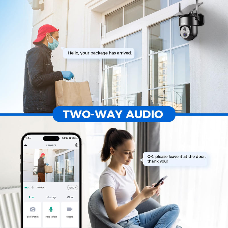 2K 2.4g WiFi Security Cameras Wireless Outdoor, 360° View Solar Cameras for Home Security, Color Night Vision, AI Detection, 2-Way Audio, Spotlight Siren Alarm, SD/Cloud Storage