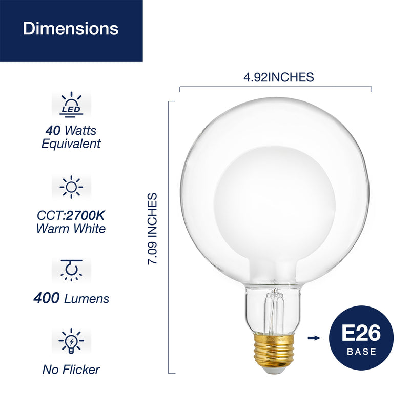 FLSNT 2 Pack G125(G40) Decorative Dimmable Globe LED Bulbs, 2700K Soft White, 7W(40W Equivalent), 400LM, E26 Medium Base, CRI90, Oversized Edison Bulb for Bathroom, Bedroom, Living Room