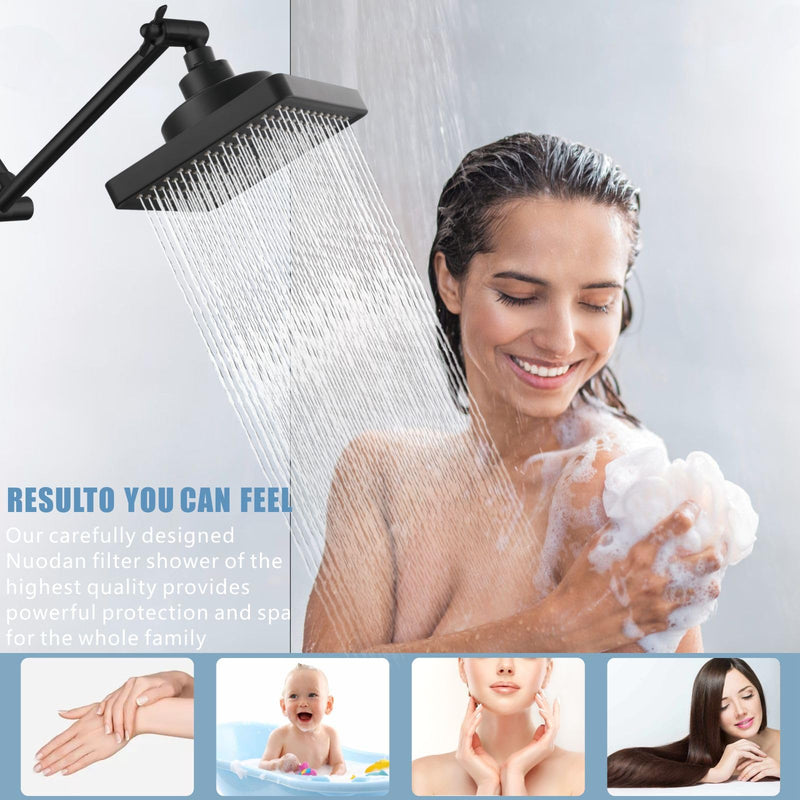 High Pressure Rain Shower Head with Filtered - 6" Square Showerhead Filter for Remove Chlorine and Harmful Substances, Improve Hair and Skin Problems, Matte Black