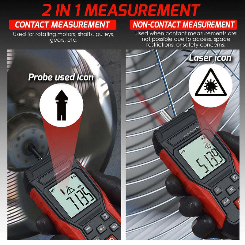Digital 2-in-1 Tachometer Noncontact Laser Photo Sensor 3~99999RPM and Contact 3~19999RPM Meter RPM Gauge Tester Professional MAX/MIN/Hold Data, Handheld Car Engine Tool