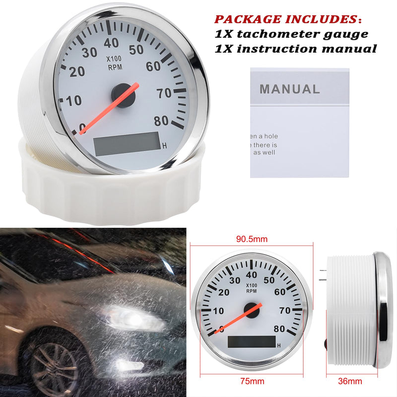 Geloo 85mm Boat Tachometer Gauge Marine RPM Tachometer Outboard Tachometer 0-8000 RPM Tacho Meter with Hour Meter RED Blacklight for Diesel Engine Car Truck Tachometer 8000RPM 12V 24V White & Silver