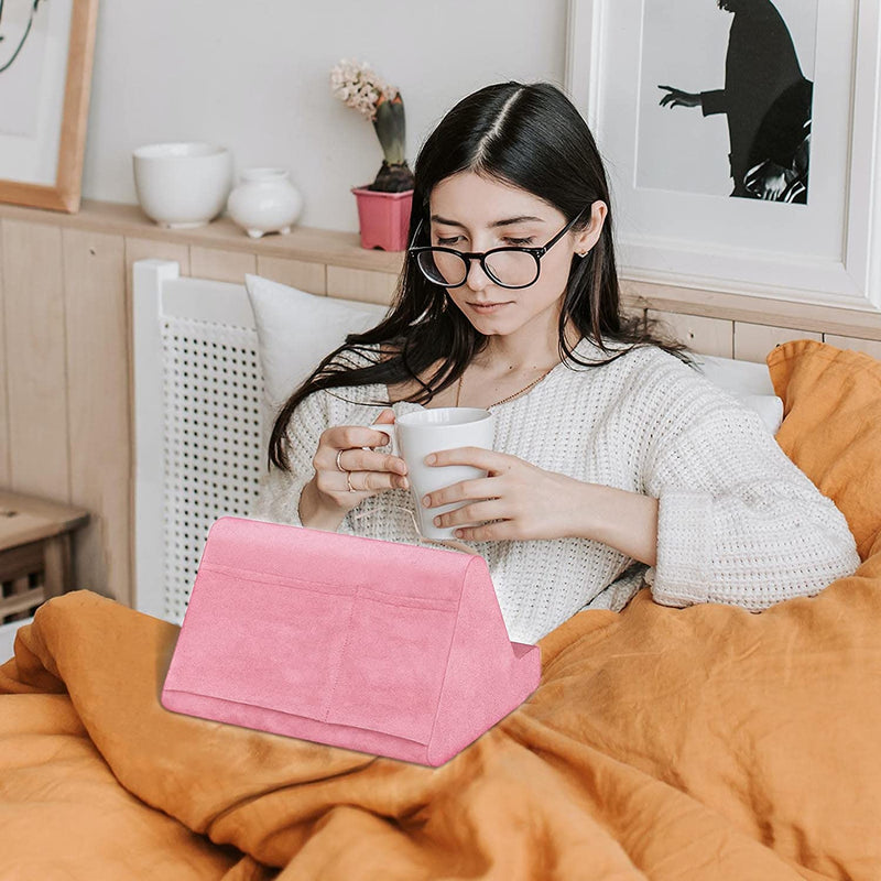 Soft Tablet Stand Pillow with Pocket,Adjustable 3 Viewing Angle,Lazy Holder for Bed Sofa,Compatible with iPads Tablets eReaders Smartphones Books Magazines Light Pink