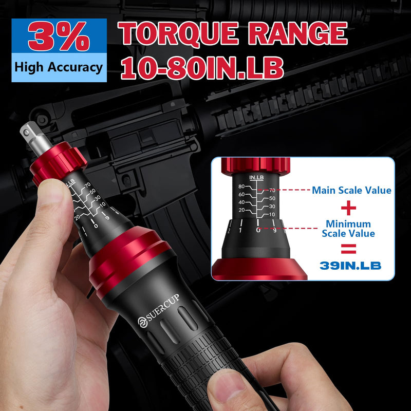SUERCUP 1/4" 10-80In.lb Torque Wrench Screwdriver 36 PCS Set | T-bar, Hex, Torx, and Phillips S2 Bits, Torque Screwdriver, For Scope and Car, Bike Mounting and Home DIY