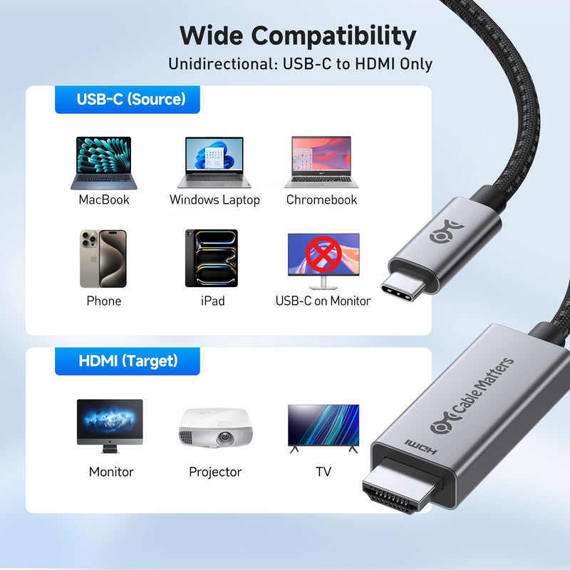 Cable Matters 48Gbps 8K Unidirectional USB C to HDMI 2.1 Cable for macOS, Windows - 6ft, Supports 4K@240Hz / 8K@60Hz with HDR, Thunderbolt 4 to HDMI 2.1 Cable, No Firmware Update Needed 6 Feet