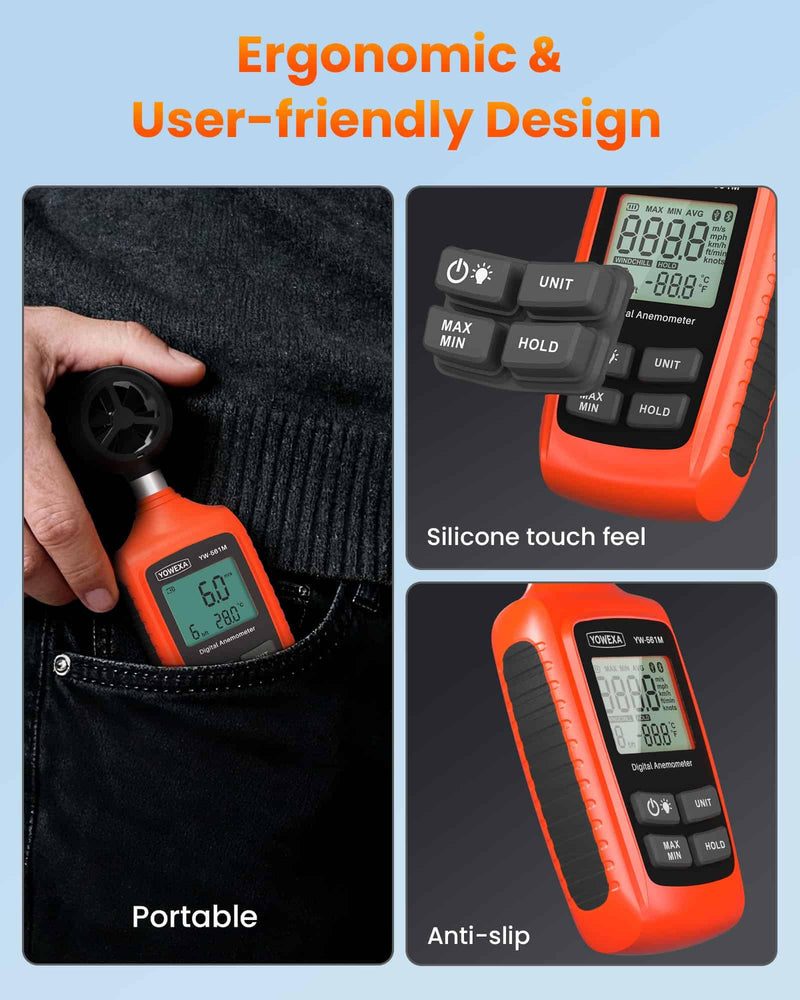 Digital Anemometer, YOWEXA Portable Wind Speed Meter with Backlight Screen, Air Flow Tester Supports Wind Chill Alert, Wind Checkers for Hunting HVAC Drone Sailing Golf Shooting Basic