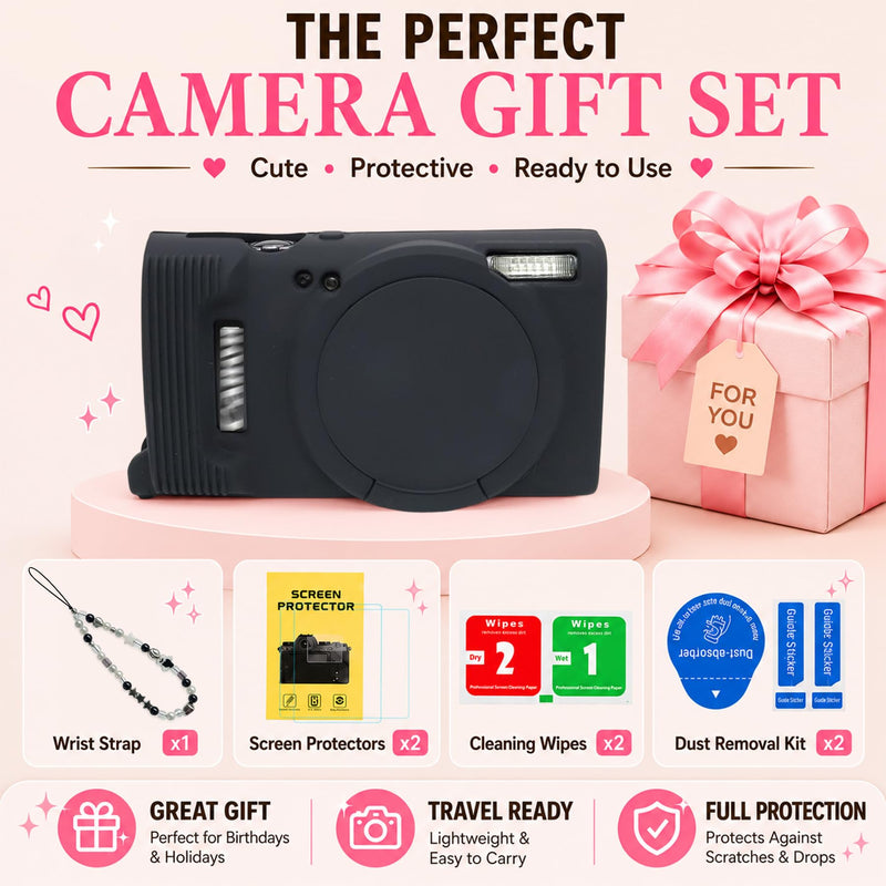 Case for Canon PowerShot ELPH 360/IXY 650 with 2 Screen Protector and 1 Charm Wrist Strap Accessories, Soft Silicone Digital Camera Protector Case with Lens Cover (Black) Black