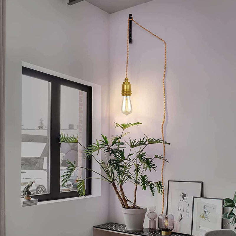 2 Pack Gold Pendant Light Cable DIY Kit, Industrial Vintage Plug in E26 Socket Hanging Lamp, Hemp Rope Hanging Lighting with Switch for Bedroom Hallway Kitchen Living Room Farmhouse(Bulb Not Included) Gold-3M-2PC