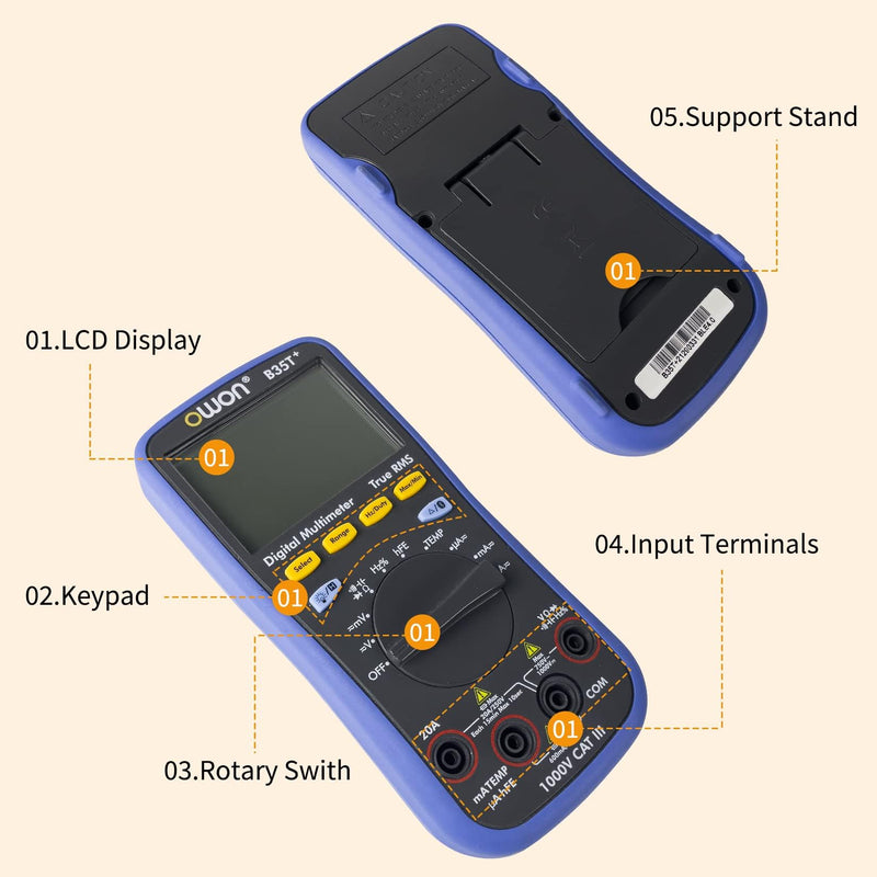 OWON B35T+ Bluetooth Digital Multimeter 6000 Count Auto Ranging Digital True RMS Smart Multimeter with Bluetooth 4.0 (Android and iOS) and Offline Data Recording Function