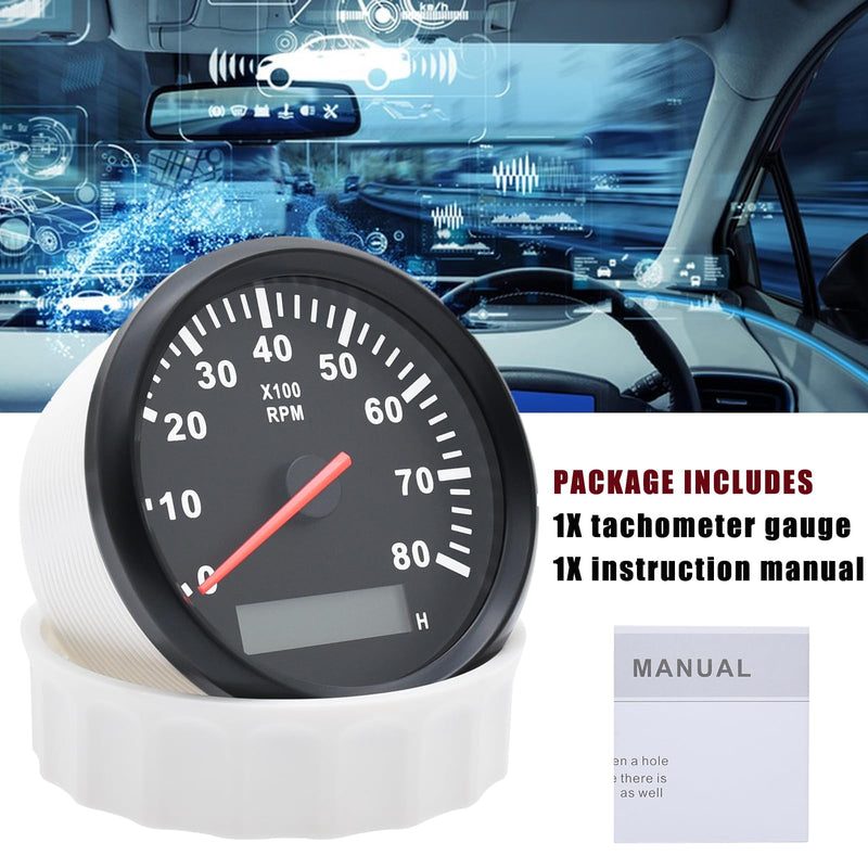 Geloo 85MM Boat RPM Tachometer - Waterproof Outboard Tachometer 0-8000RPM Tacho Meter for Car Truck Marine Diesel Gasoline Engine RPM Tacho Gauge 9-32V with LCD Hourmeter Red Backlight 8000RPM Black